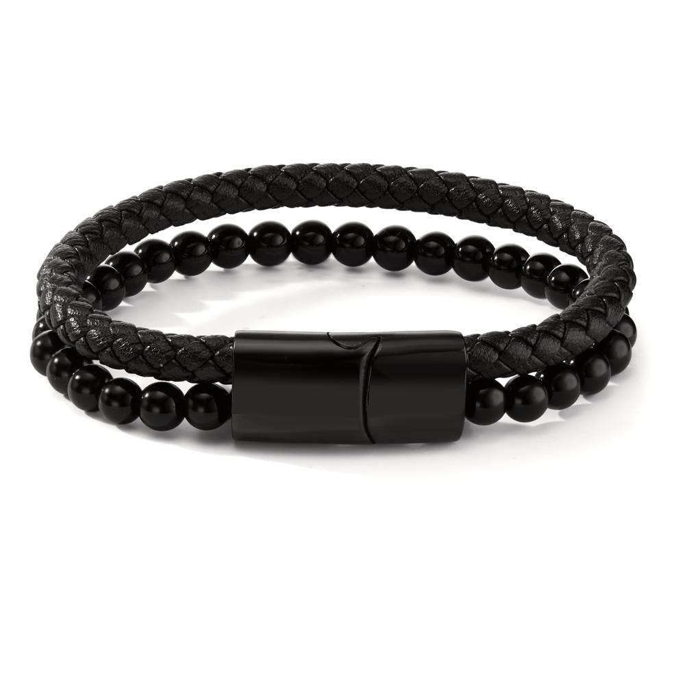 Bracelet Acier inoxydable, Cuir Lava noir PVD 20.5 cm