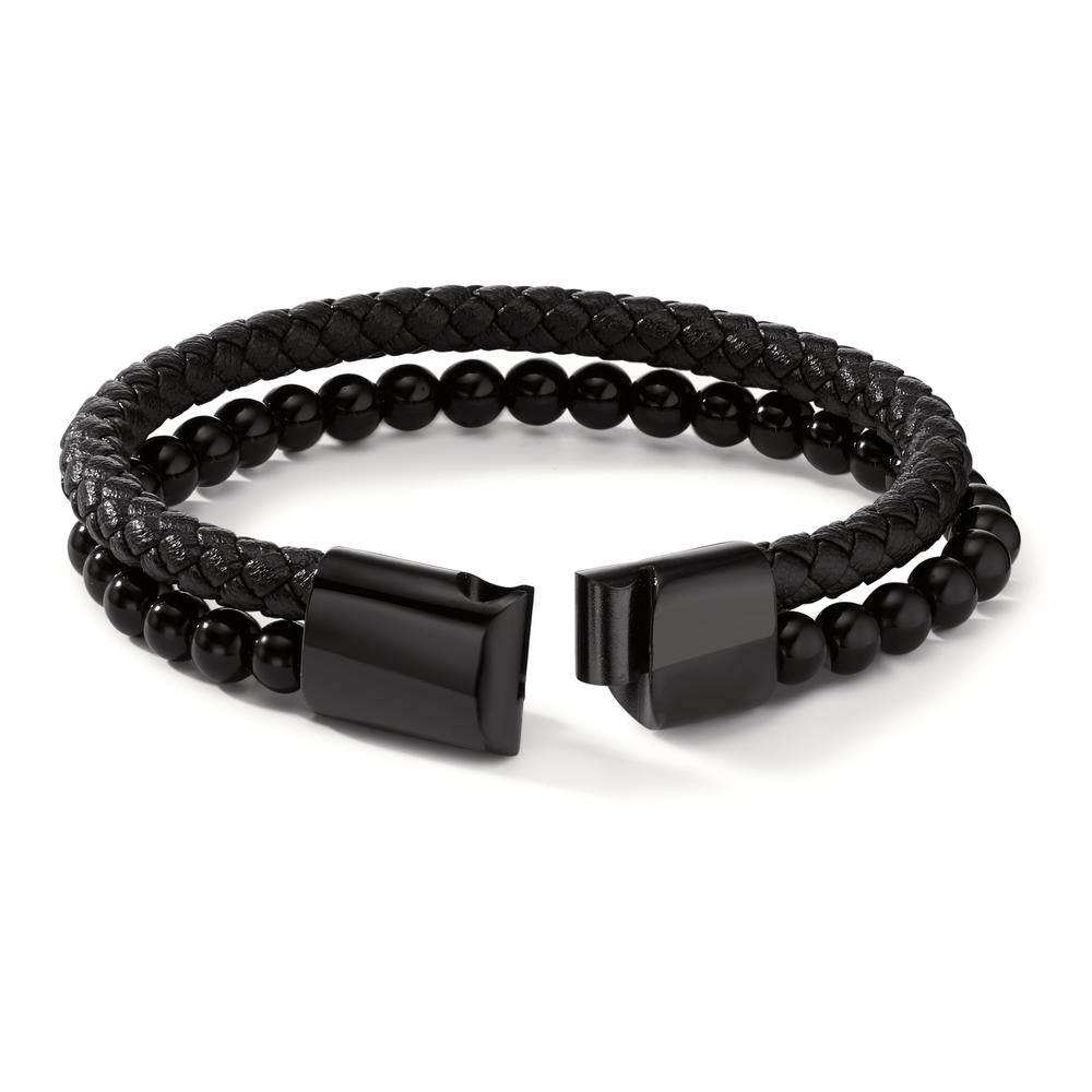 Armband Edelstahl, Leder Lava schwarz IP beschichtet