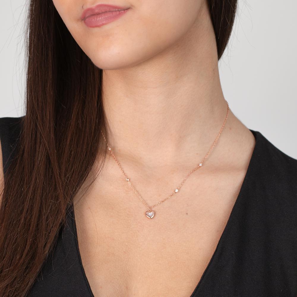 Collier Argent Zircone 4 Pierres rosé Plaqué or nacre Coeur 40-45 cm