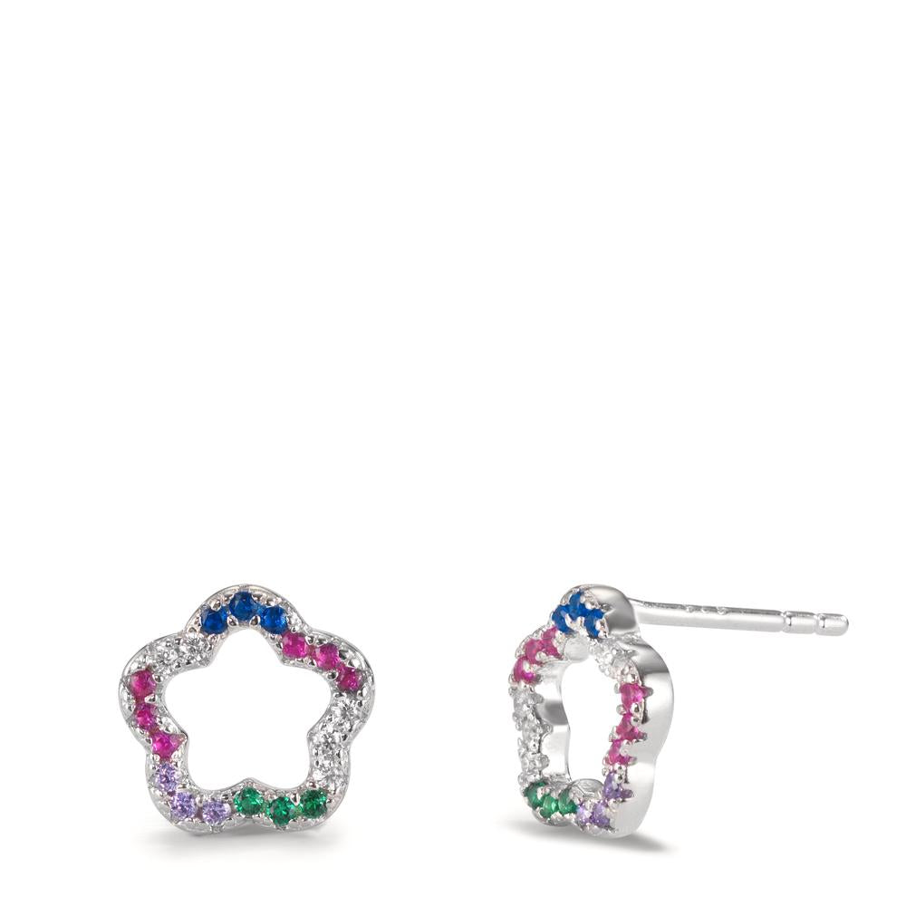 Clous d'oreilles Argent Zircone coloré Rhodié Fleur Ø9.5 mm