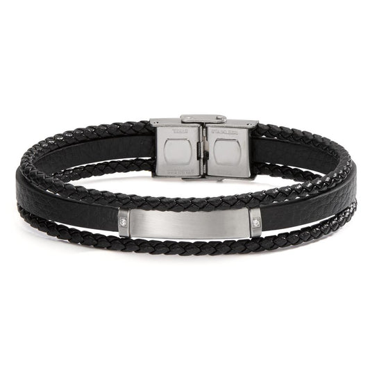 Armband Roestvrijstaal, Leder Zirkonia 2 Steen 21 cm