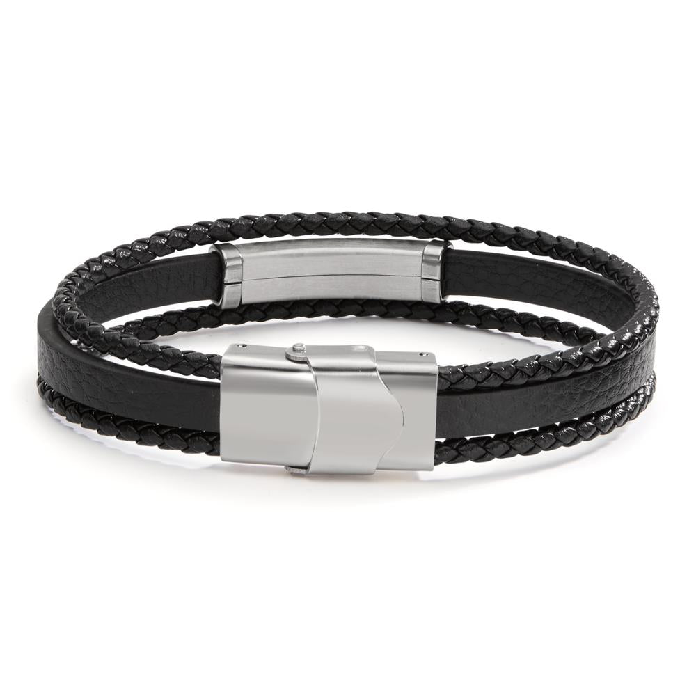 Bracelet Acier inoxydable, Cuir Zircone 2 Pierres 21 cm