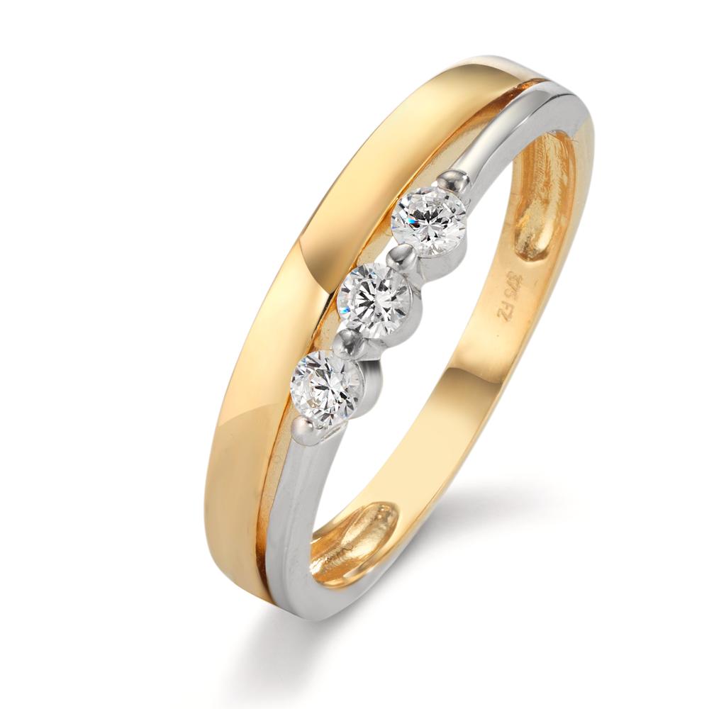 Fingerring 375/9 K Gelbgold, 375/9 K Weissgold Zirkonia 3 Steine bicolor