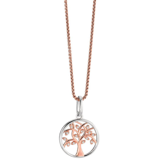 Chaînette avec pendentif Argent Zircone 14 Pierres rosé Plaqué or Arbre de la vie 42-47 cm Ø17 mm