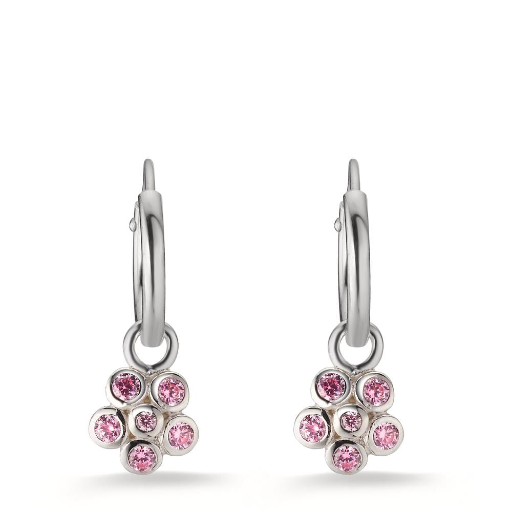 Creolen mit Einhänger Silber Zirkonia rosa, 12 Steine rhodiniert Blume Ø6 mm