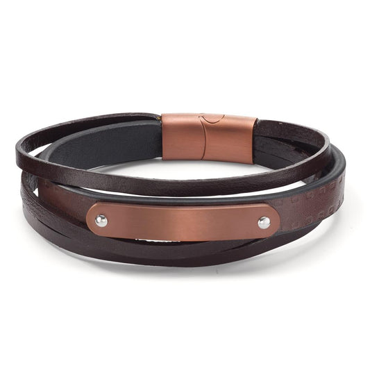 Armband Roestvrijstaal, Leder Bruin IP-gecoat 20.5 cm