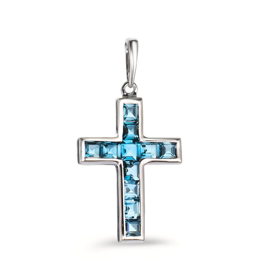 Pendentif Or blanc 9K Topaze London Blue 11 Pierres Croix