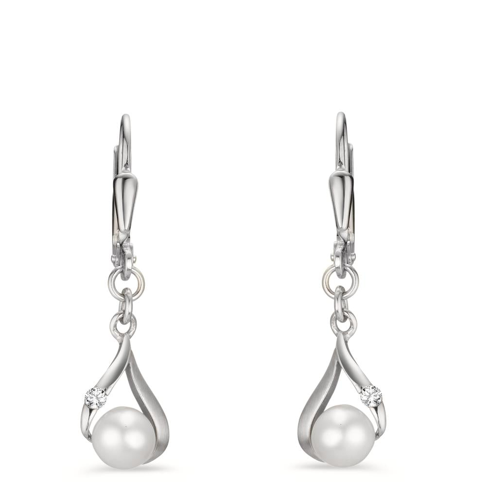 Pendant d'oreilles Or blanc 9K Zircone 2 Pierres perle d'eau douce