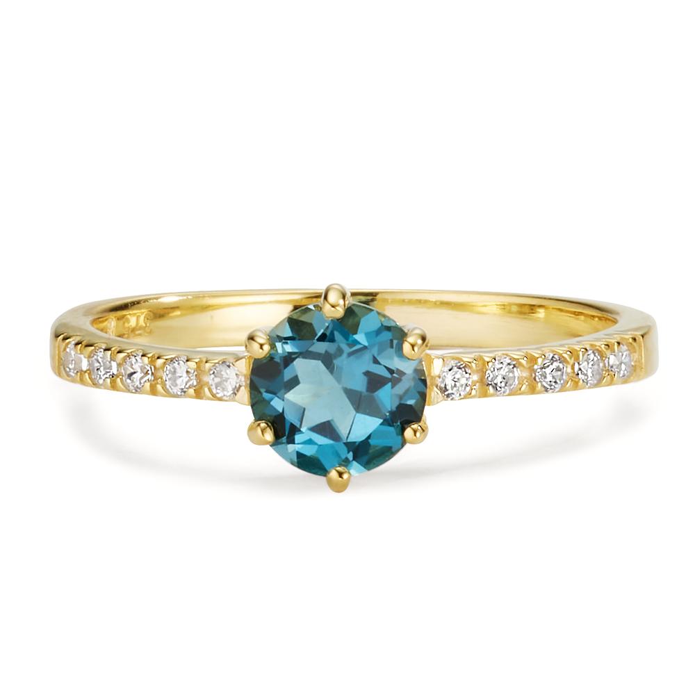 Bague Or jaune 9K Topaze London Blue, Zircone 10 Pierres