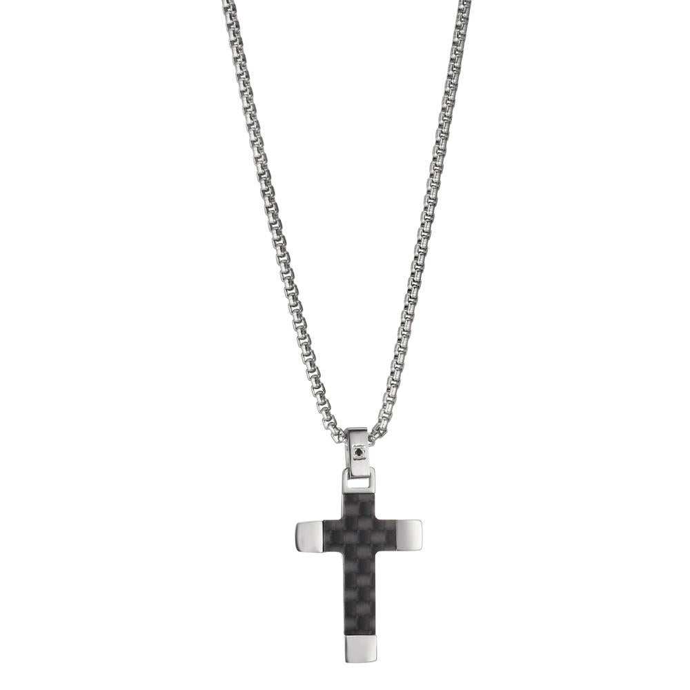 Collier Acier inoxydable, Carbone Zircone noir Croix 45-50 cm