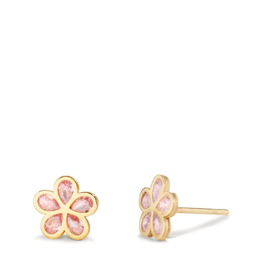 Clous d'oreilles Or jaune 9K Zircone rose, 5 Pierres Fleur Ø7.3 mm