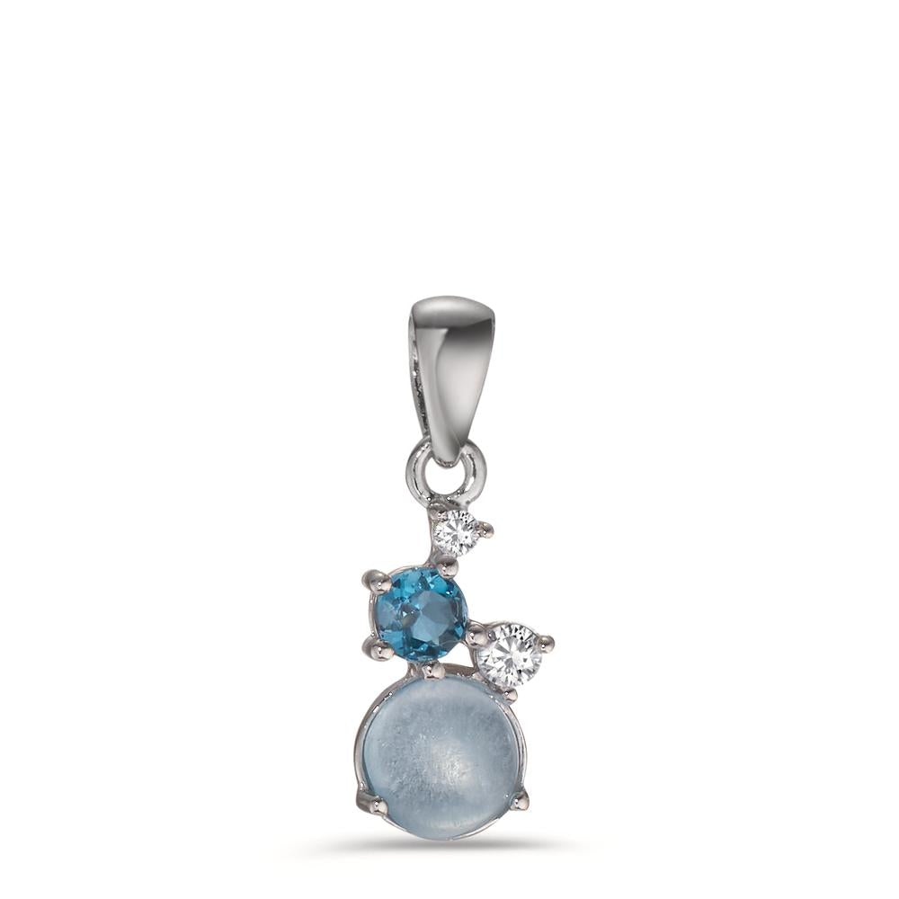 Pendentif Argent Zircone 2 Pierres, Topaze London Blue, Topaze bleu Rhodié