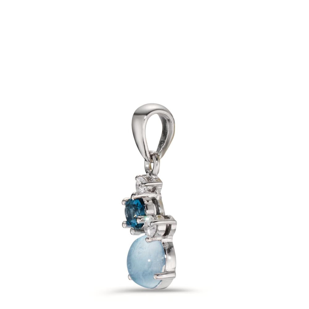 Pendentif Argent Zircone 2 Pierres, Topaze London Blue, Topaze bleu Rhodié